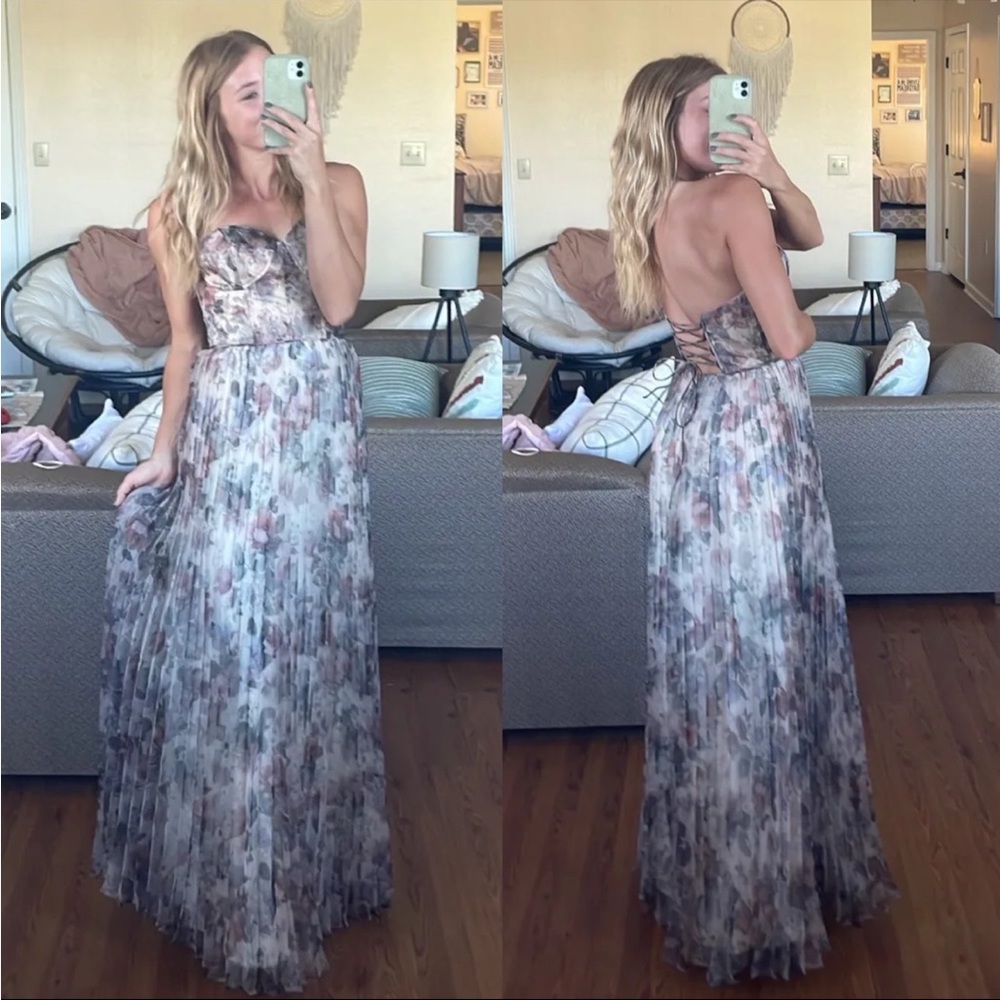 Ivory Floral Bustier Corset Organza Lace-Up Maxi Dress 🌿 - Picture 3 of 13